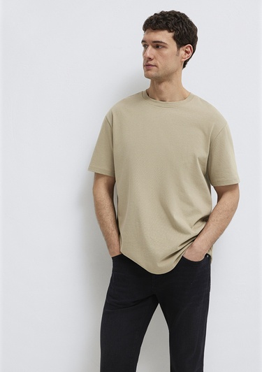  Mavi Bisiklet Yaka Bej Basic Tişört Loose Fit / Bol Rahat Kesim 0611596-70360