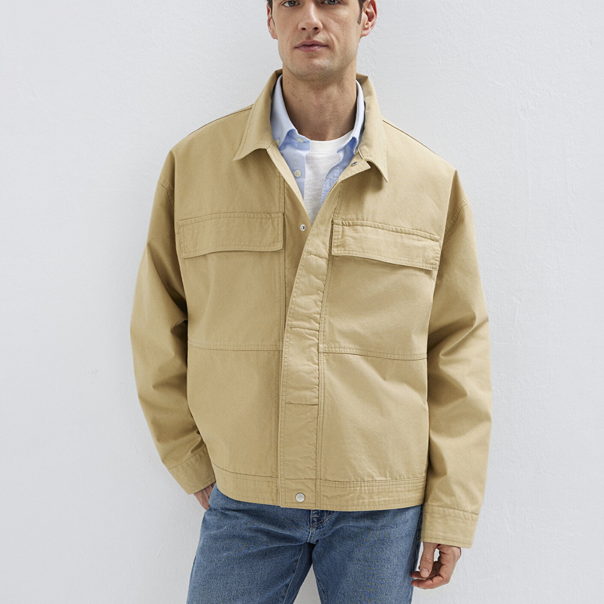 Mavi Cep Detaylı Bej İnce Ceket Loose Fit / Bol Rahat Kesim 0211872-70204