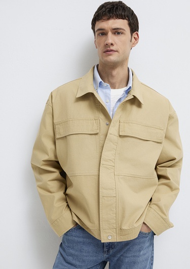  Mavi Cep Detaylı Bej İnce Ceket Loose Fit / Bol Rahat Kesim 0211872-70204