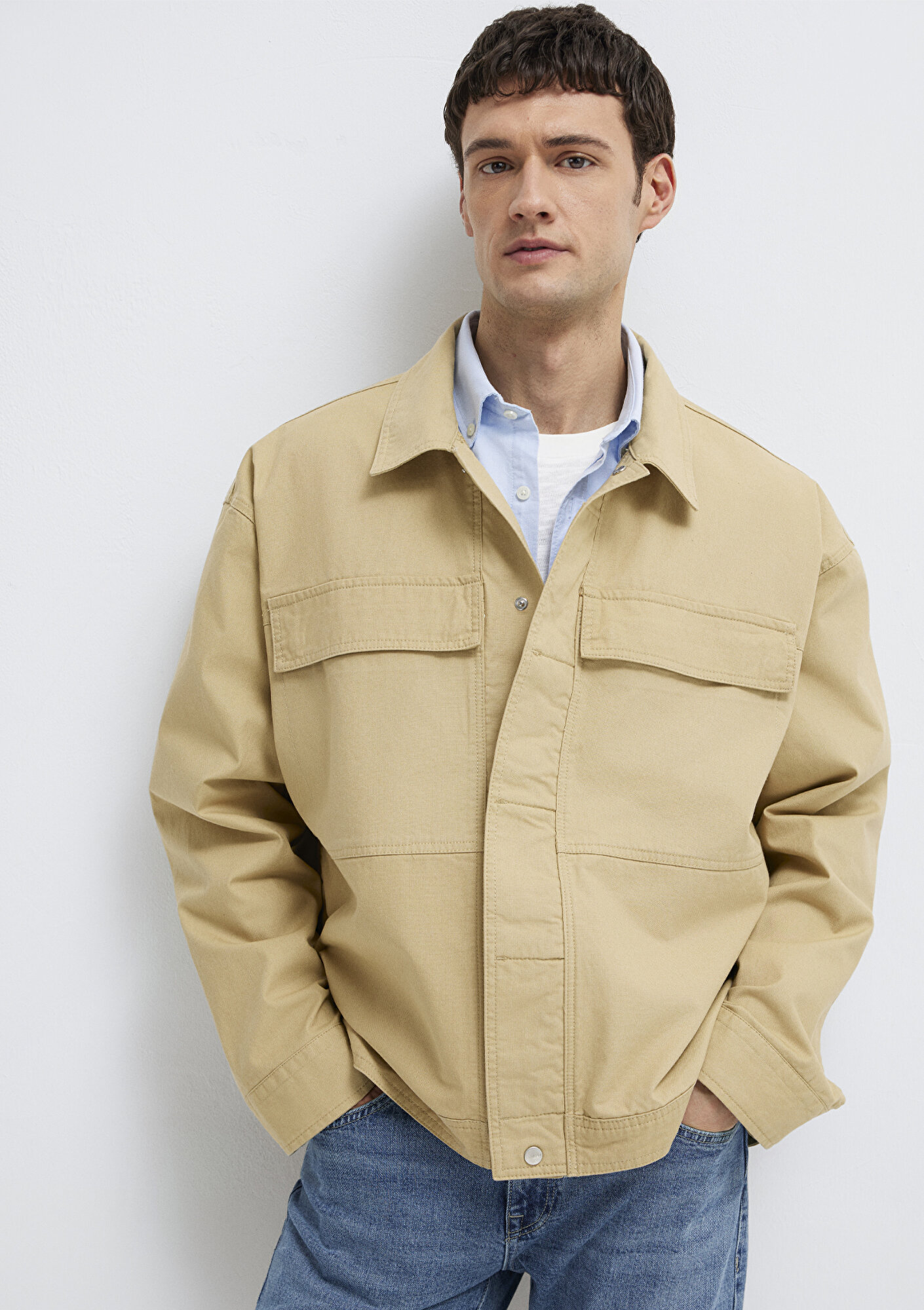  Mavi Cep Detaylı Bej İnce Ceket Loose Fit / Bol Rahat Kesim 0211872-70204