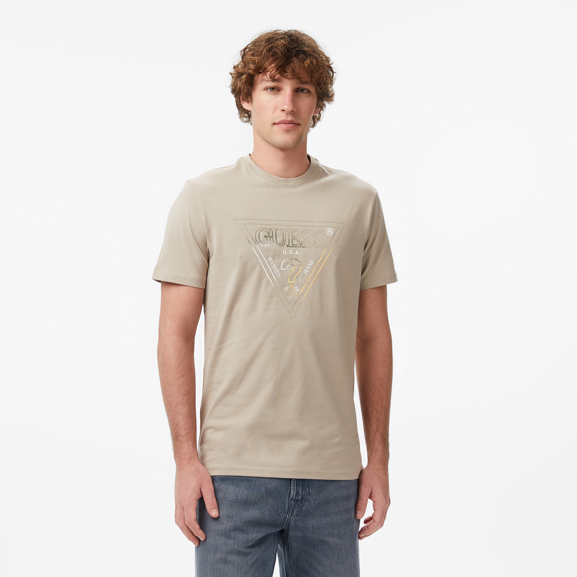 Guess Slim Fit Erkek Bej T-Shirt