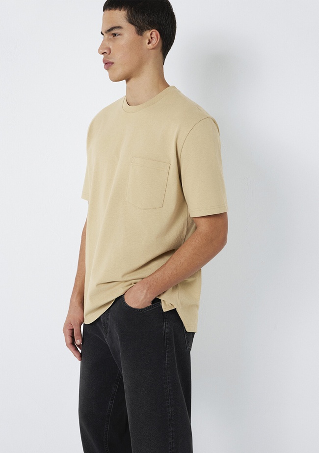  Mavi Cep Detaylı Kahverengi Basic Tişört Loose Fit / Bol Rahat Kesim 066248-70204