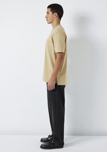  Mavi Cep Detaylı Kahverengi Basic Tişört Loose Fit / Bol Rahat Kesim 066248-70204