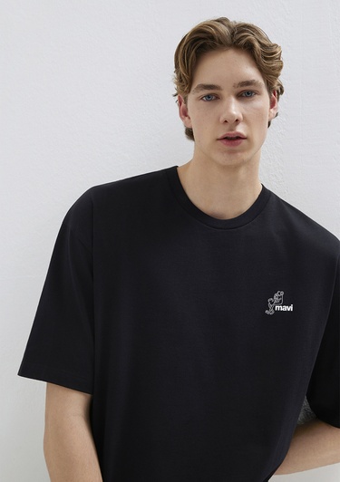  Mavi Mavi Logo Baskılı Siyah Tişört Oversize / Geniş Kesim 0613179-900