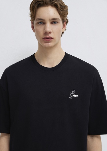  Mavi Mavi Logo Baskılı Siyah Tişört Oversize / Geniş Kesim 0613179-900