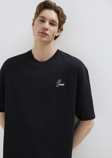  Mavi Mavi Logo Baskılı Siyah Tişört Oversize / Geniş Kesim 0613179-900