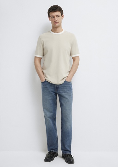  Mavi Biye Detaylı Bej Tişört Regular Fit / Normal Kesim 0613223-70144