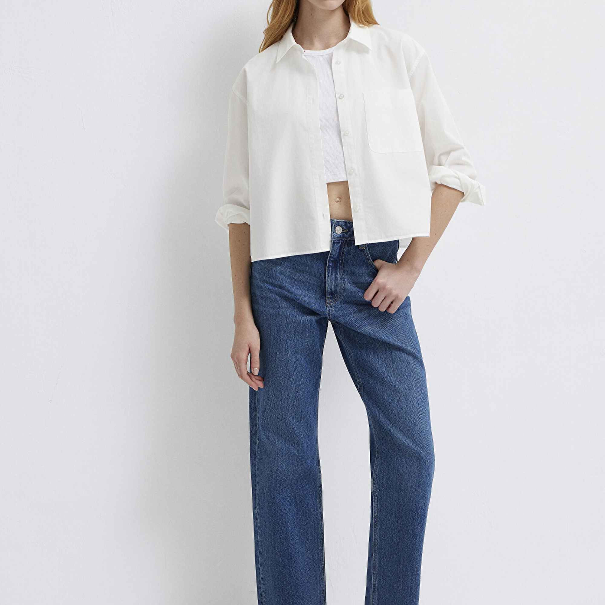 Mavi Cepli Ekru Gömlek Oversize / Geniş Kesim 1211453-70057