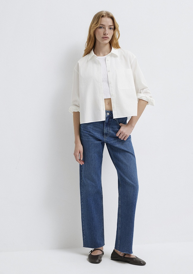  Mavi Cepli Ekru Gömlek Oversize / Geniş Kesim 1211453-70057