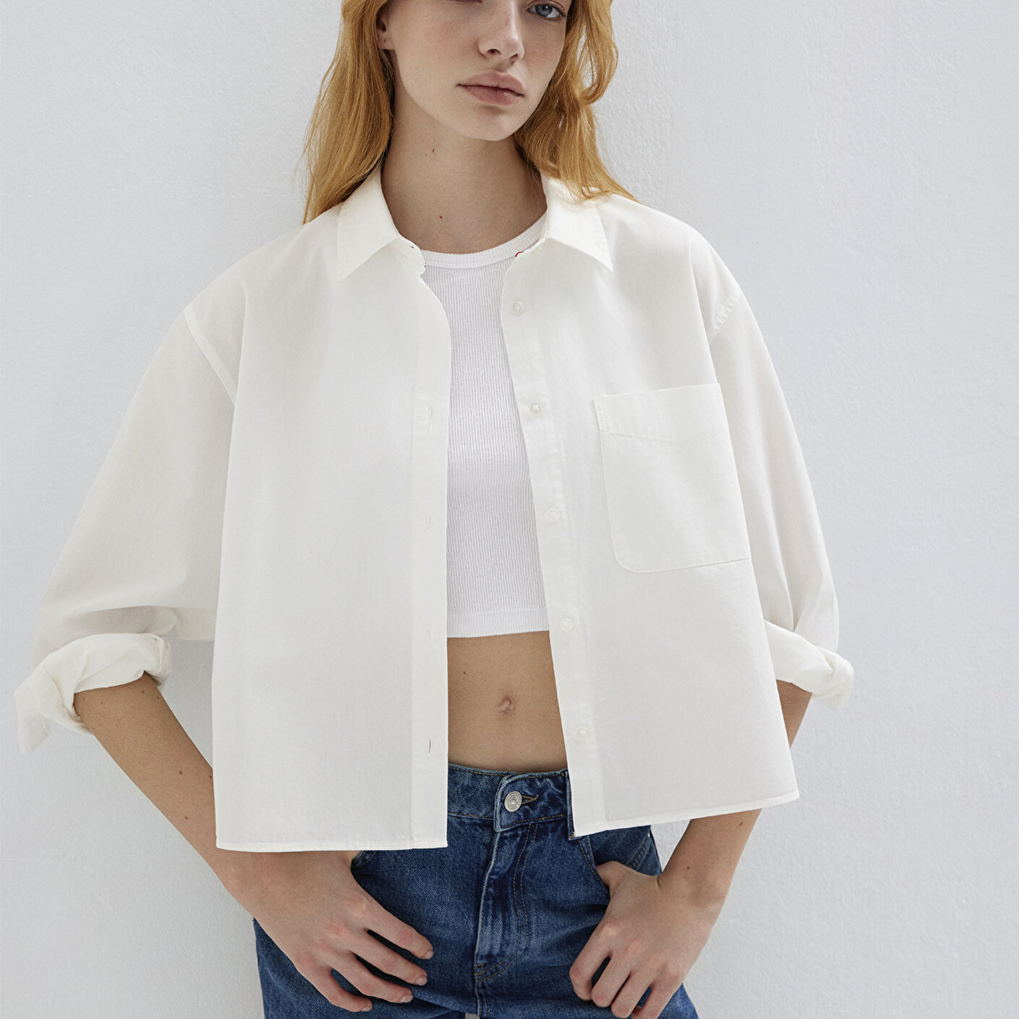 Mavi Cepli Ekru Gömlek Oversize / Geniş Kesim 1211453-70057