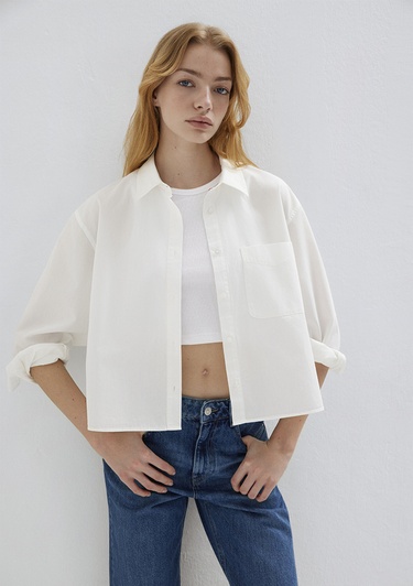  Mavi Cepli Ekru Gömlek Oversize / Geniş Kesim 1211453-70057