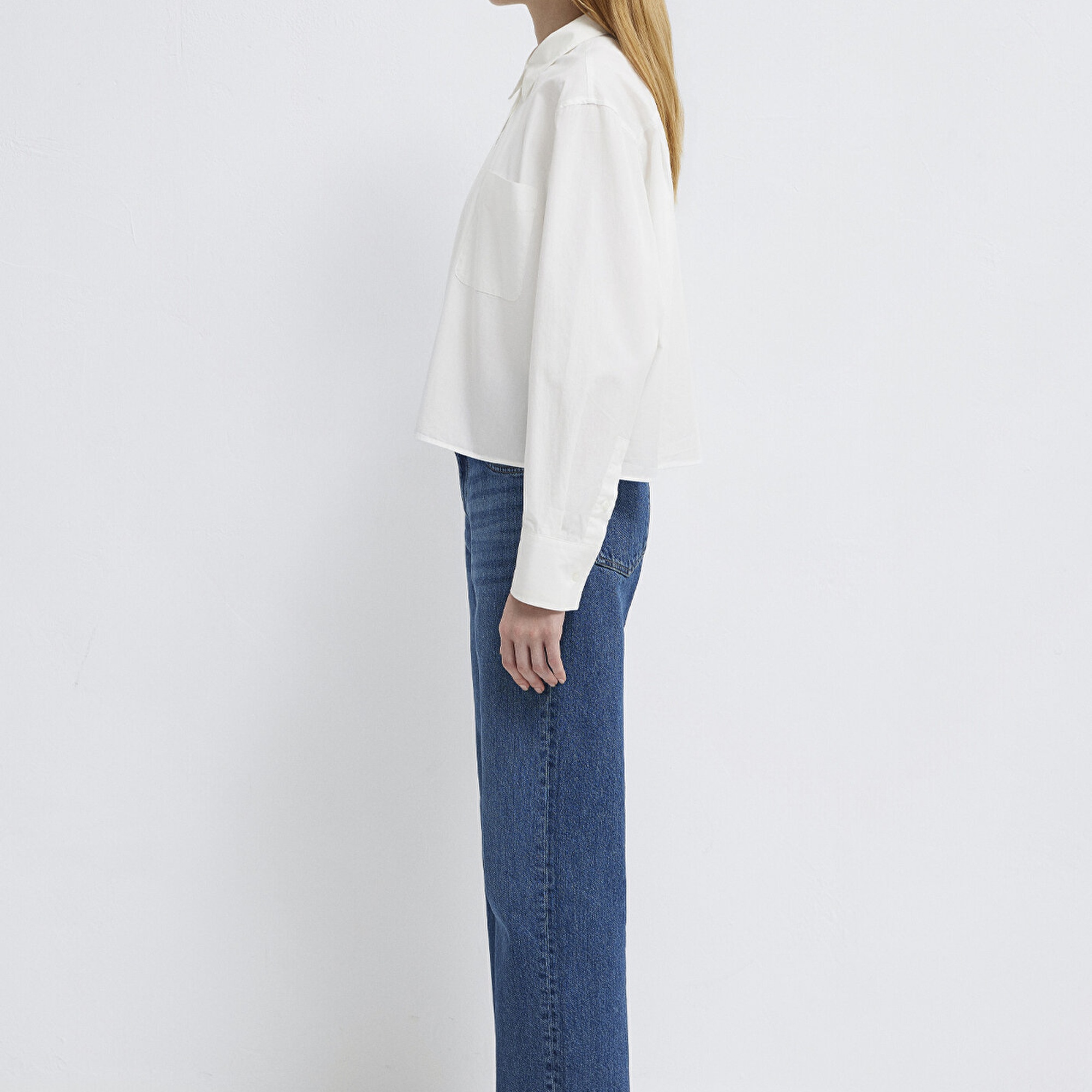 Mavi Cepli Ekru Gömlek Oversize / Geniş Kesim 1211453-70057