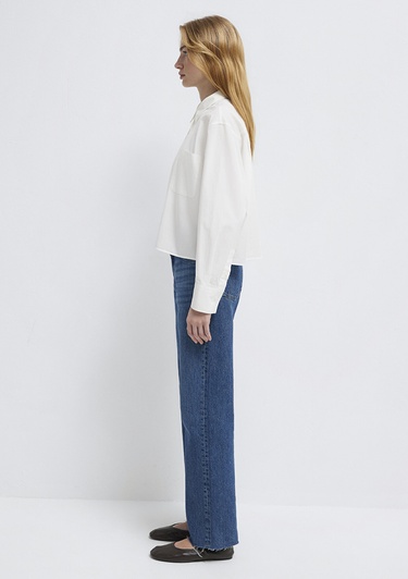  Mavi Cepli Ekru Gömlek Oversize / Geniş Kesim 1211453-70057