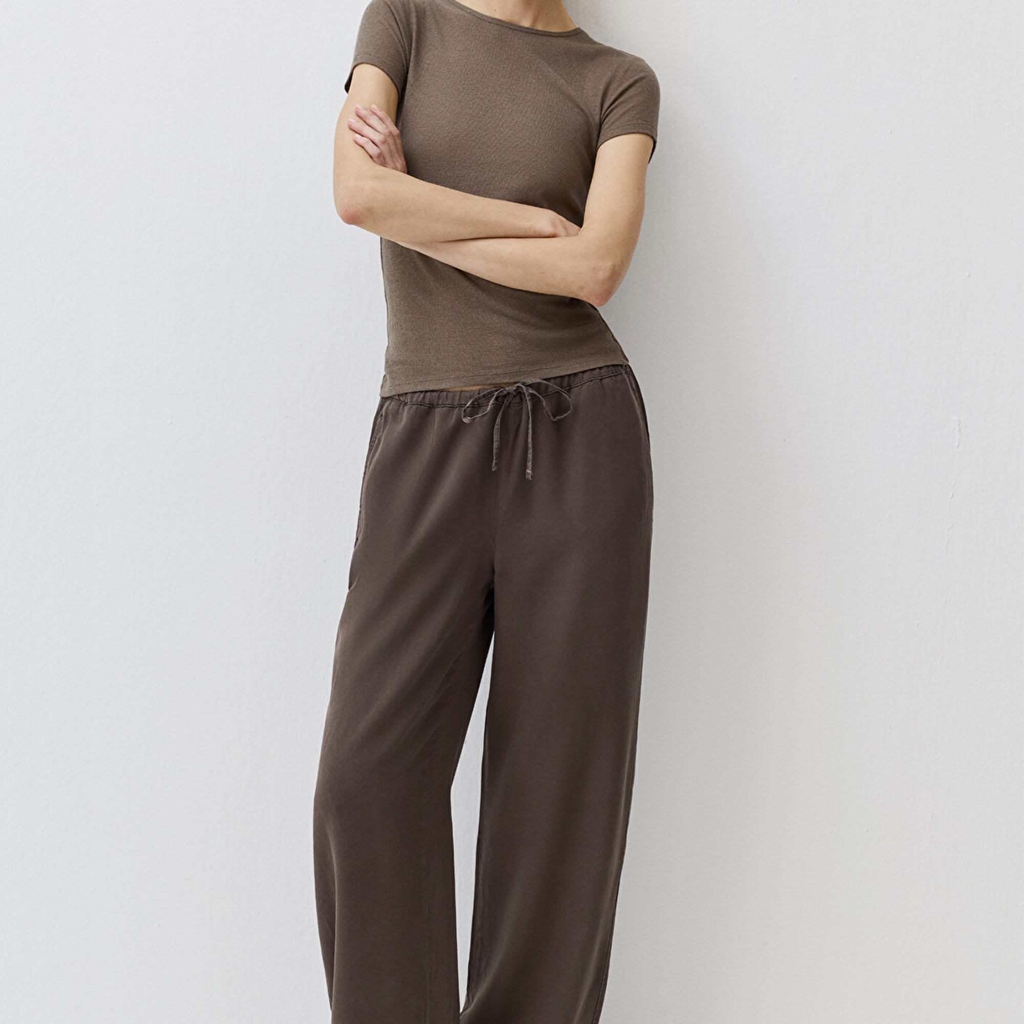 Mavi Beli Bağcıklı (TENCEL™) Lyocell Kahverengi Pantolon 1011082-71603