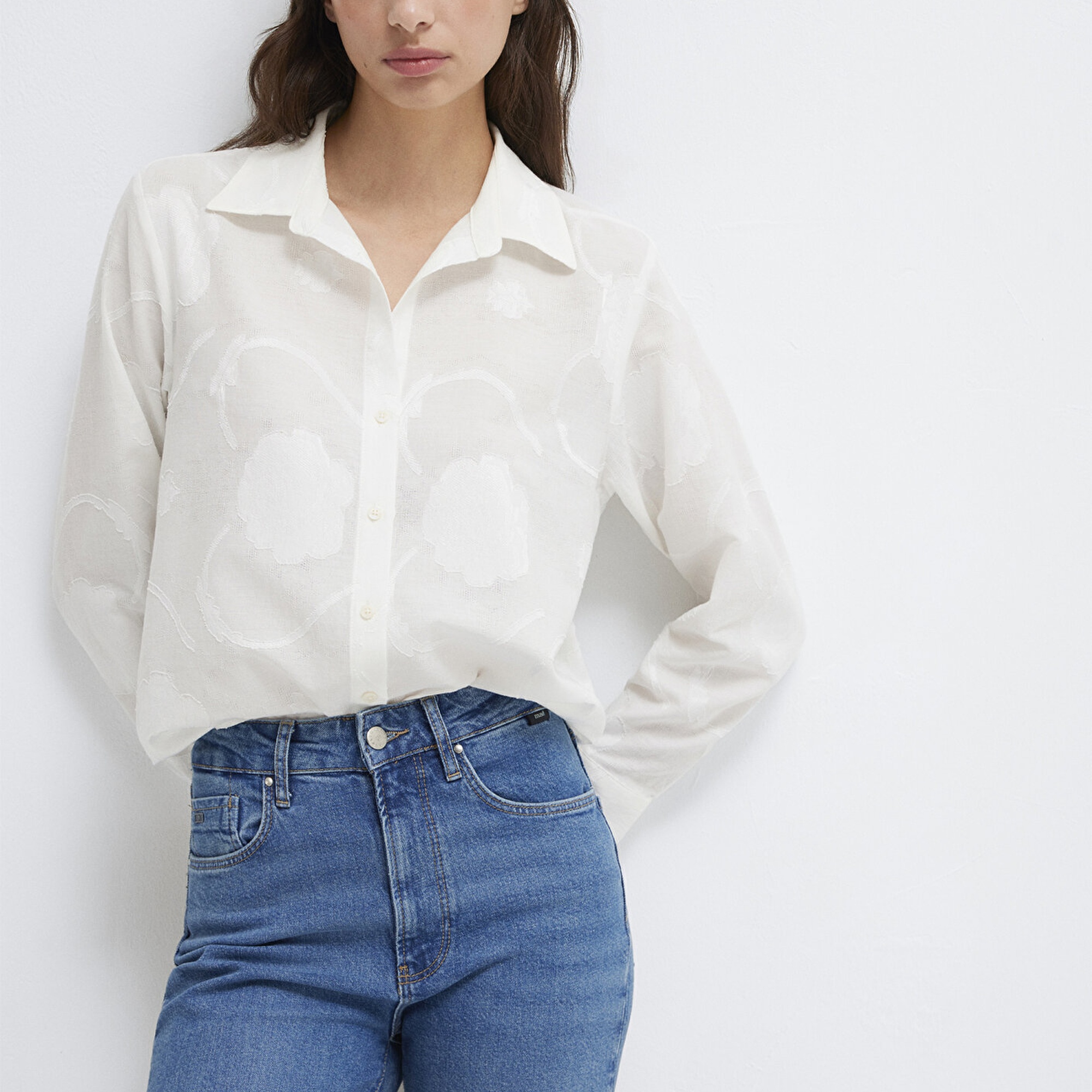 Mavi Baskılı Ekru Gömlek Loose Fit / Bol Rahat Kesim 1211437-70057