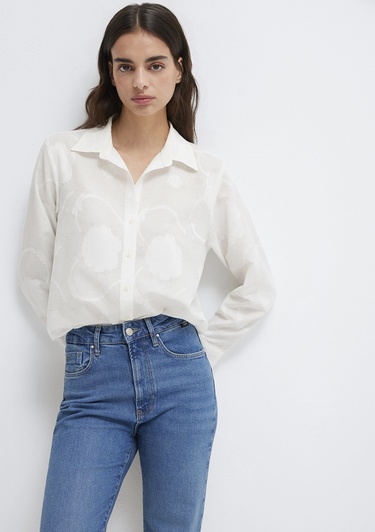  Mavi Baskılı Ekru Gömlek Loose Fit / Bol Rahat Kesim 1211437-70057