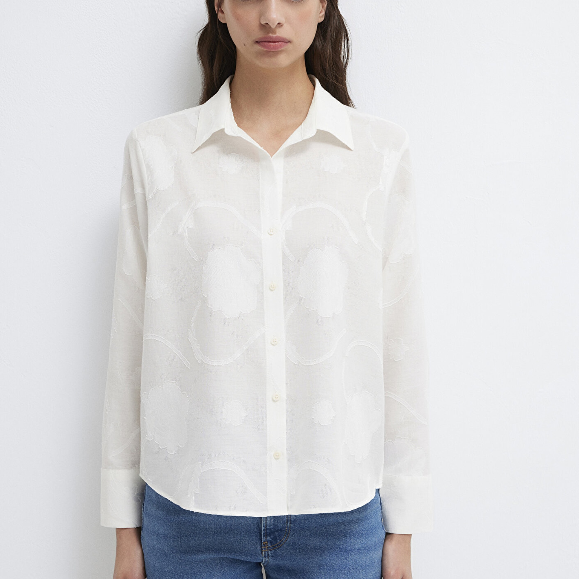 Mavi Baskılı Ekru Gömlek Loose Fit / Bol Rahat Kesim 1211437-70057