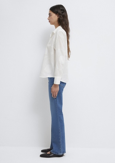  Mavi Baskılı Ekru Gömlek Loose Fit / Bol Rahat Kesim 1211437-70057