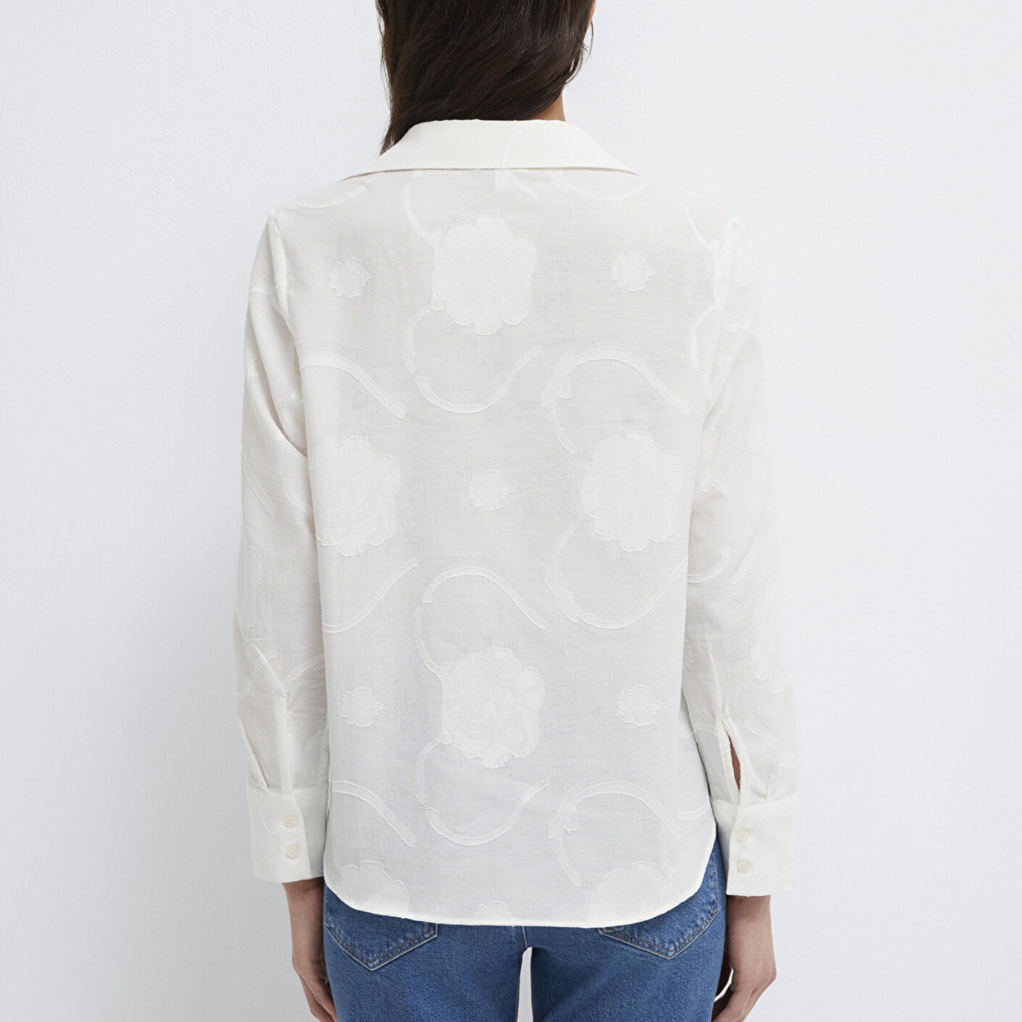 Mavi Baskılı Ekru Gömlek Loose Fit / Bol Rahat Kesim 1211437-70057