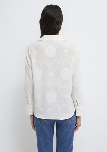  Mavi Baskılı Ekru Gömlek Loose Fit / Bol Rahat Kesim 1211437-70057