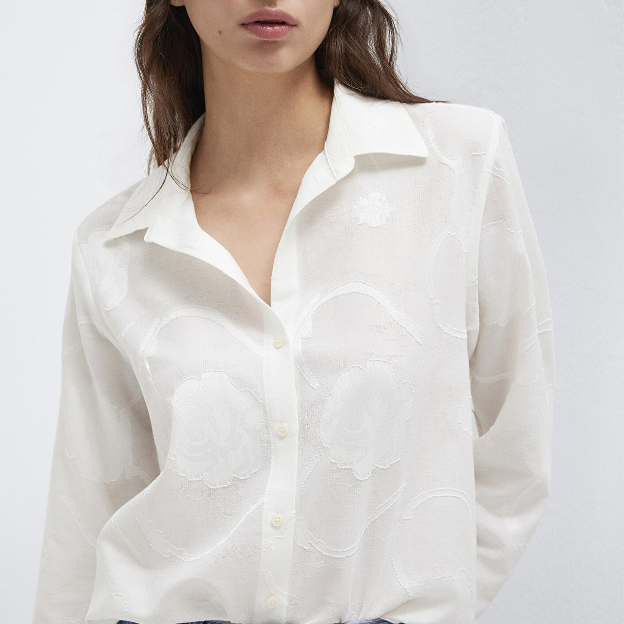 Mavi Baskılı Ekru Gömlek Loose Fit / Bol Rahat Kesim 1211437-70057