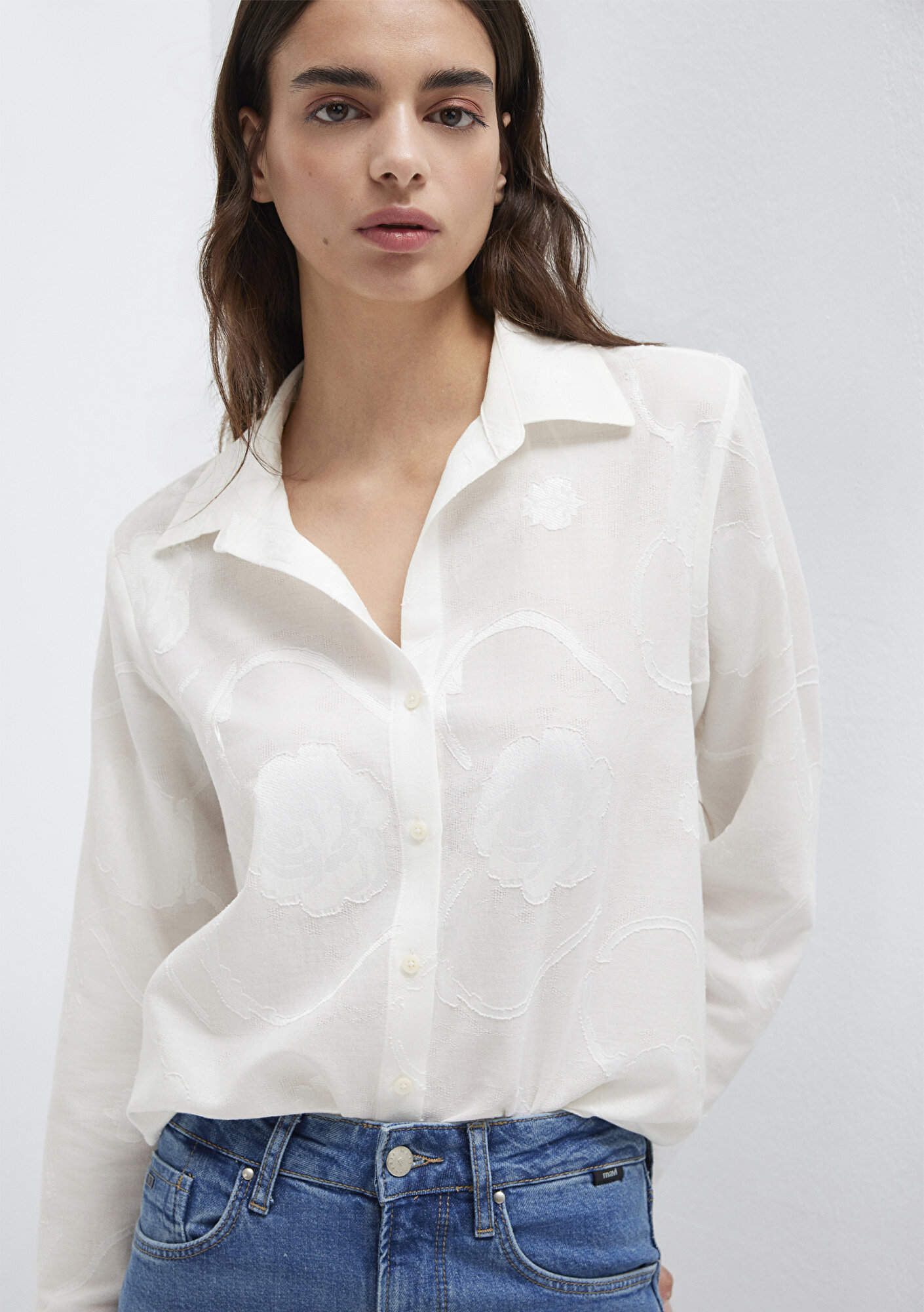  Mavi Baskılı Ekru Gömlek Loose Fit / Bol Rahat Kesim 1211437-70057