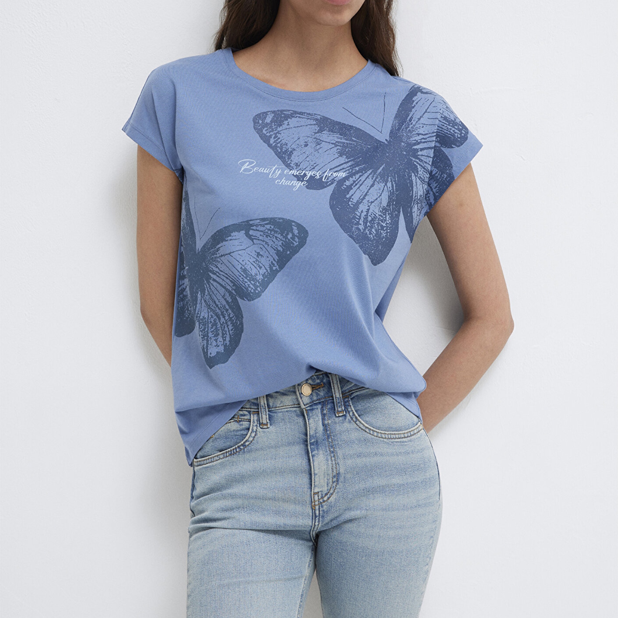 Mavi Kelebek Baskılı Mavi Tişört Regular Fit / Normal Kesim 1613717-70728