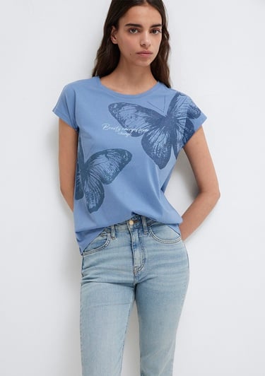  Mavi Kelebek Baskılı Mavi Tişört Regular Fit / Normal Kesim 1613717-70728