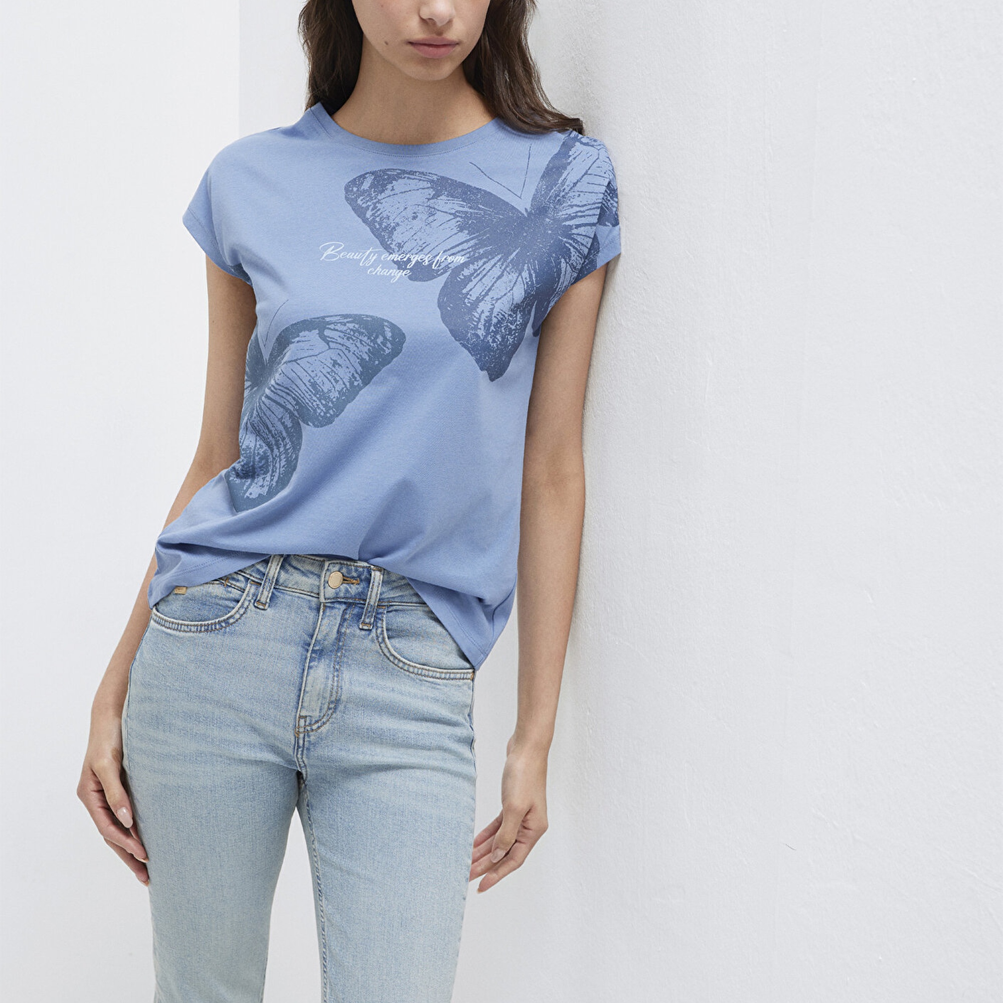 Mavi Kelebek Baskılı Mavi Tişört Regular Fit / Normal Kesim 1613717-70728