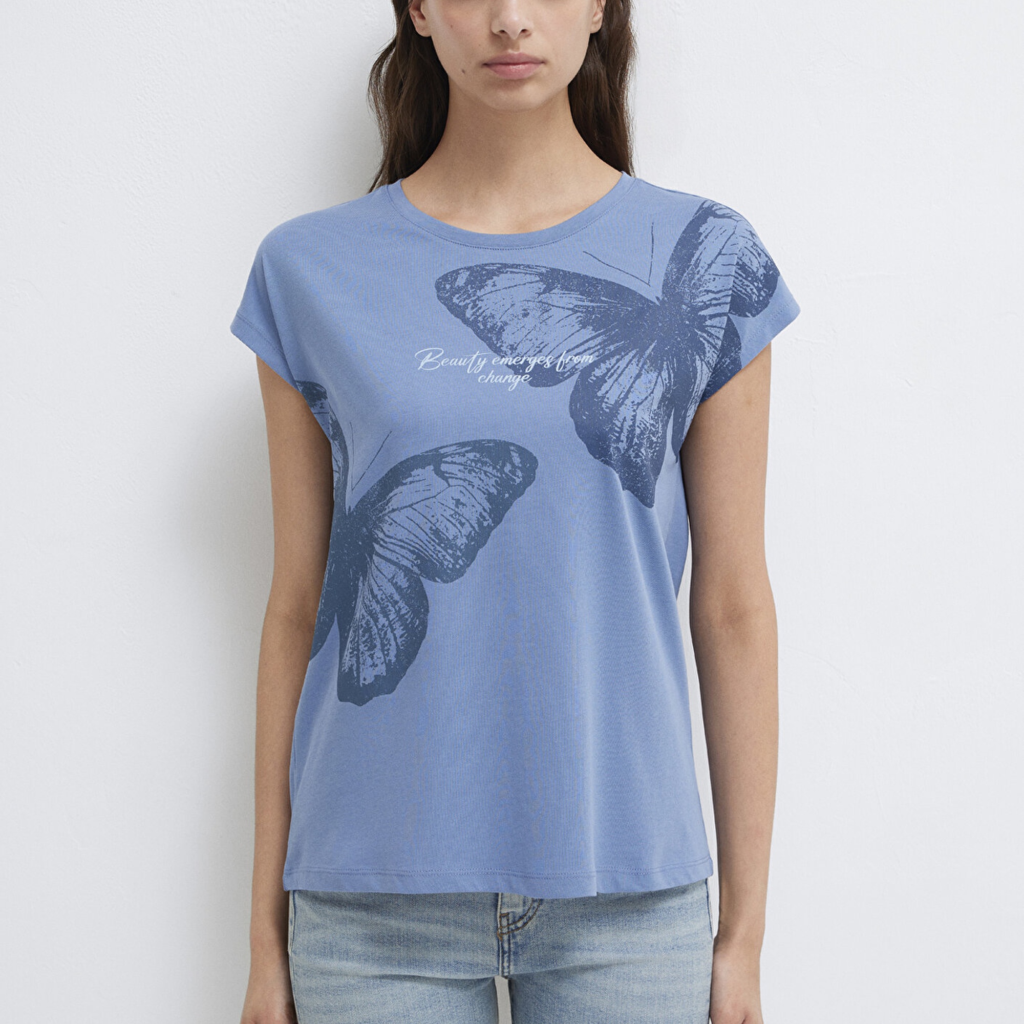 Mavi Kelebek Baskılı Mavi Tişört Regular Fit / Normal Kesim 1613717-70728